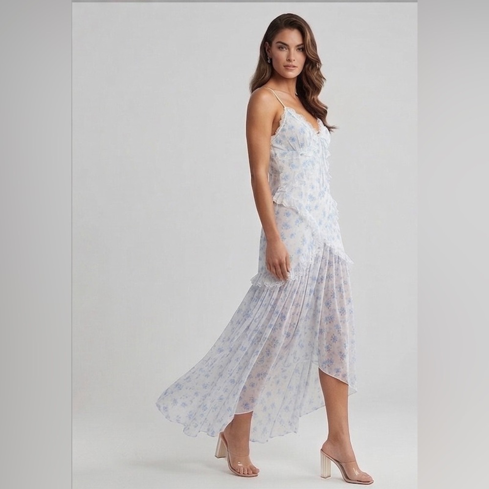 LAST ONE 🔥 Floral Chiffon Ruffle High-Low Maxi Dress Blue - Picture 6 of 11